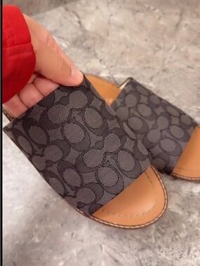 Coach Charcoal Signature Jacquard Slide Sandals with Tan Footbed